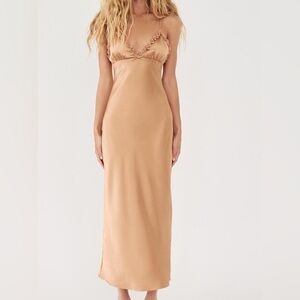 New with Tags Zara Champagne Gold Caramel Satin Midi Ruffle Dress Size XS